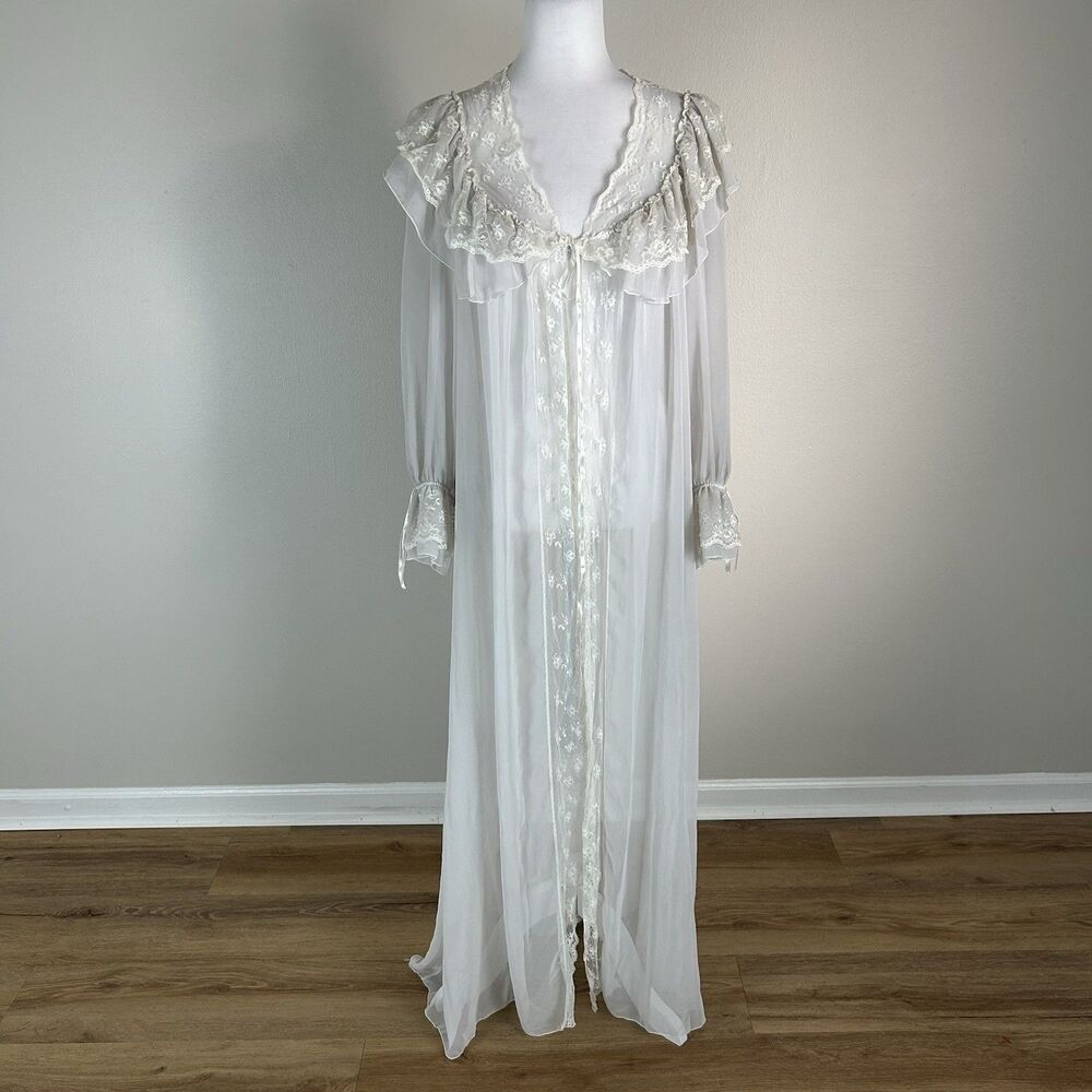 Vtg Blanche White Small Nylon Bonwit Teller Full Length Gown Peignoir Sheer Robe